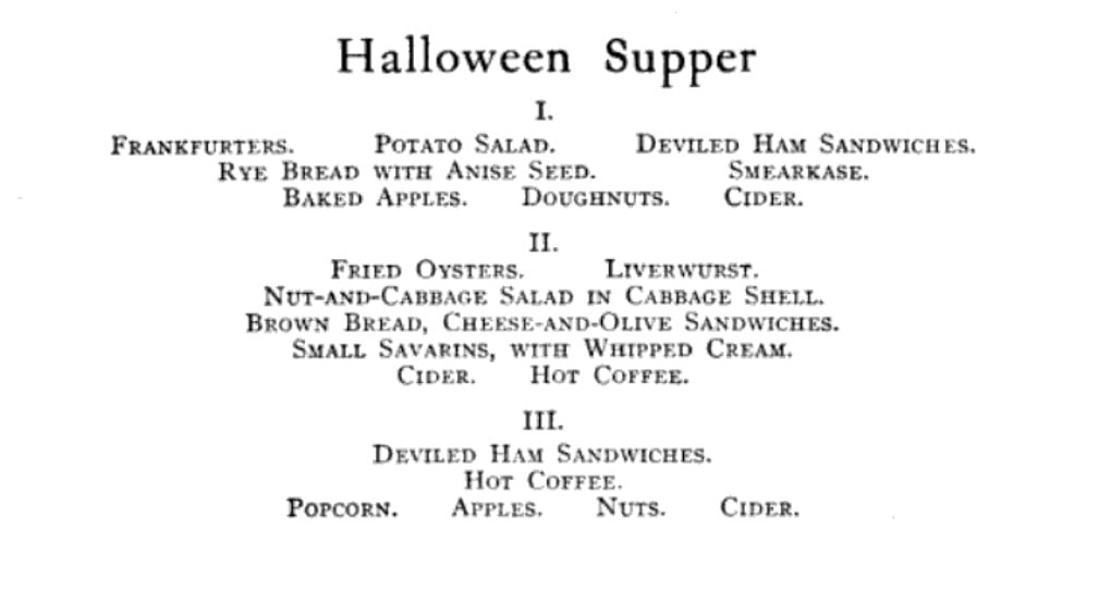 Text-based image of three Halloween menus from 1906 featuring items like frankfurters, rye bread, deviled ham sandwiches, apples, doughnuts, cider, and nuts