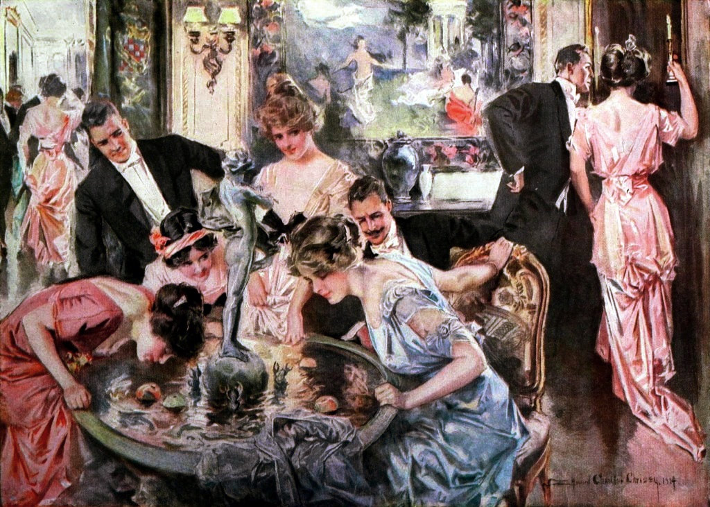 1916 painting of wealthy White men and women in evening dress at a house party, several gather around a classical fountain bobbing for apples