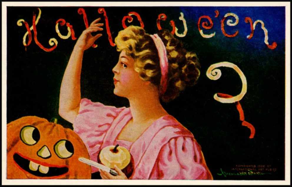 Vintage Halloween postcard of Edwardian woman in pink dress looking over shoulder as she throws an apple peel, peeled apple and knife in her hand