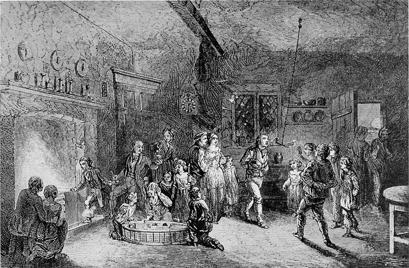 Black and white illustration of a large room with a fireplace and White people bobbing for apples and playing snap apple