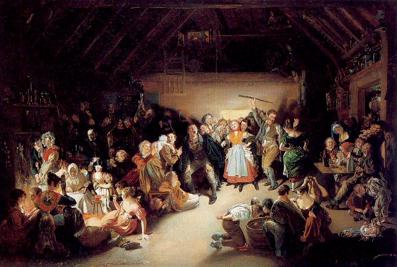 Daniel Maclise painting from 1833 featuring a large dark room with groups of Irish people by fireplace, doing lead divination, dancing, playing snap apple, playing music, bobbing for apples, etc. Crowd of all ages.