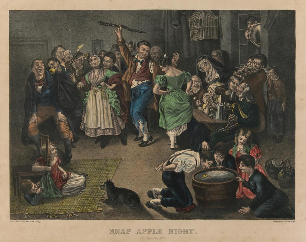 Color lithograph of White people in 1830s dress playing snap apple, dancing, children bobbing for apples in foreground, based on Daniel Maclise painting.